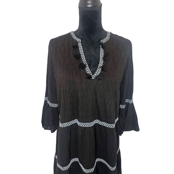 NWT TOMMY BAHAMA EMBROIDERED TIERED COTTON TASSEL BLACK DRESS WOMENS SIZE SMALL - Picture 6 of 12